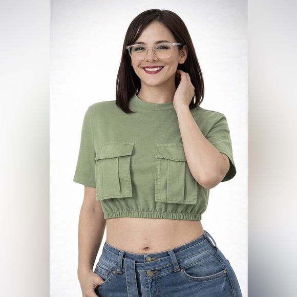 Women’s Ultra Short Cargo Crop Top with Round Neck and Pocket - Casual - Picture 6 of 14